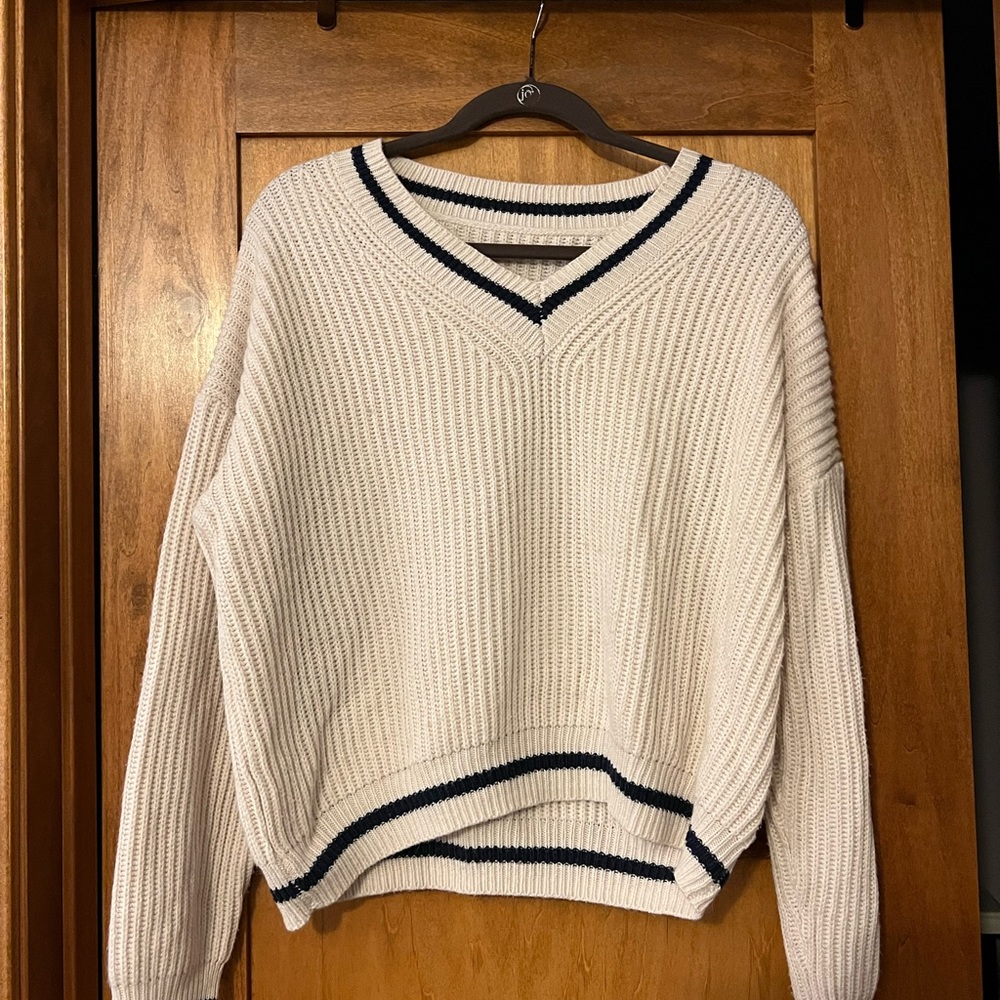 SHEIN Cream V-Neck Sweater with Navy Accent